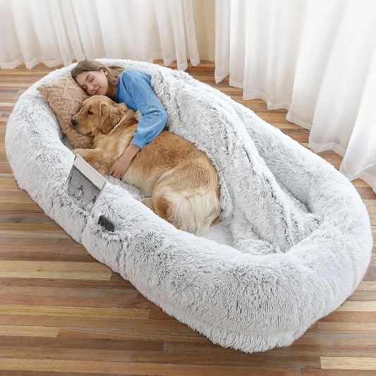 Human Dog Bed, 71''X45''X12'' Size Fits You and Pets, Washable Faux Fur Dog Bed for People Doze Off, Grey